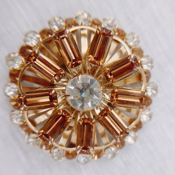 VTG 1950s Rhinestone Domed Layered Swivel Brooch Amber, Clear Stones Gold-Tone - Picture 6 of 7